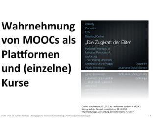 Wahrnehmung	
  
von	
  MOOCs	
  als	
  
PlaBormen	
  
und	
  (einzelne)	
  
Kurse	
  
                                    ...