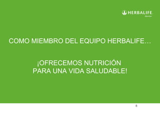 COMO MIEMBRO DEL EQUIPO HERBALIFE…
¡OFRECEMOS NUTRICIÓN
PARA UNA VIDA SALUDABLE!

8

 