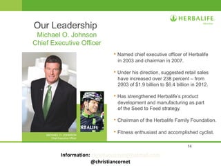 14
• Named chief executive officer of Herbalife
in 2003 and chairman in 2007.
• Under his direction, suggested retail sales
have increased over 238 percent – from
2003 of $1.9 billion to $6.4 billion in 2012.
• Has strengthened Herbalife’s product
development and manufacturing as part
of the Seed to Feed strategy.
• Chairman of the Herbalife Family Foundation.
• Fitness enthusiast and accomplished cyclist.
Our Leadership
Michael O. Johnson
Chief Executive Officer
MICHAEL O. JOHNSON
Chief Executive Officer
Information: christiancornet@hotmail.com
@christiancornet
 