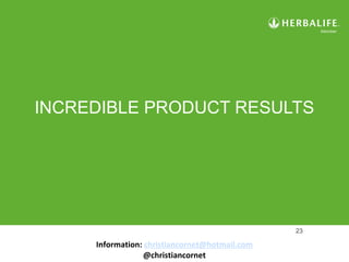 23
INCREDIBLE PRODUCT RESULTS
Information: christiancornet@hotmail.com
@christiancornet
 