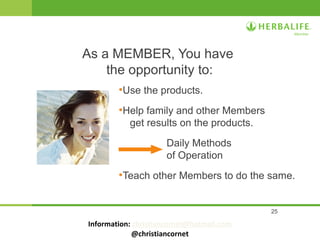 25
•Use the products.
•Help family and other Members
get results on the products.
Daily Methods
of Operation
•Teach other Members to do the same.
As a MEMBER, You have
the opportunity to:
Information: christiancornet@hotmail.com
@christiancornet
 