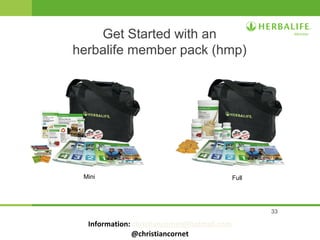 33
Get Started with an
herbalife member pack (hmp)
FullMini
Information: christiancornet@hotmail.com
@christiancornet
 
