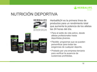 18
Herbalife24 es la primera línea de
productos para un rendimiento total
que aumenta la potencia de los atletas
las 24 ho...