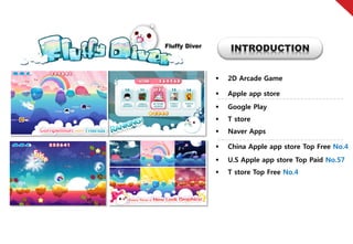 Fluffy Diver
                   INTRODUCTION


                  2D Arcade Game

                  Apple app store
                  Google Play
                  T store
                  Naver Apps

                  China Apple app store Top Free No.4
                  U.S Apple app store Top Paid No.57
                  T store Top Free No.4
 