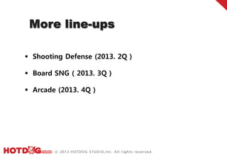 More line-ups

 Shooting Defense (2013. 2Q )

 Board SNG ( 2013. 3Q )

 Arcade (2013. 4Q )
 