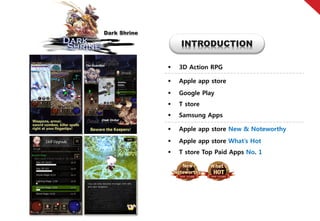 Dark Shrine

                  INTRODUCTION

                 3D Action RPG

                 Apple app store
                 Google Play
                 T store
                 Samsung Apps

                 Apple app store New & Noteworthy
                 Apple app store What’s Hot
                 T store Top Paid Apps No. 1
 