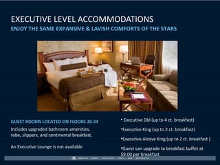 EXECUTIVE LEVEL ACCOMMODATIONS
ENJOY THE SAME EXPANSIVE & LAVISH COMFORTS OF THE STARS




GUEST ROOMS LOCATED ON FLOORS 20-24          • Executive Dbl (up to 4 ct. breakfast)
Includes upgraded bathroom amenities,        •Executive King (up to 2 ct. breakfast)
robe, slippers, and continental breakfast.
                                             •Executive Alcove King (up to 2 ct. breakfast )
An Executive Lounge is not available         •Guest can upgrade to breakfast buffet at
                                             $9.00 per breakfast
 