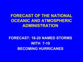 FORECAST OF THE NATIONAL
OCEANIC AND ATMOSPHERIC
ADMINISTRATION
FORECAST: 18-20 NAMED STORMS
WITH 7-10
BECOMING HURRICANES
 