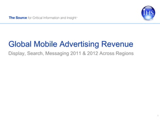 Global Mobile Advertising Revenue
1
Display, Search, Messaging 2011 & 2012 Across Regions
 