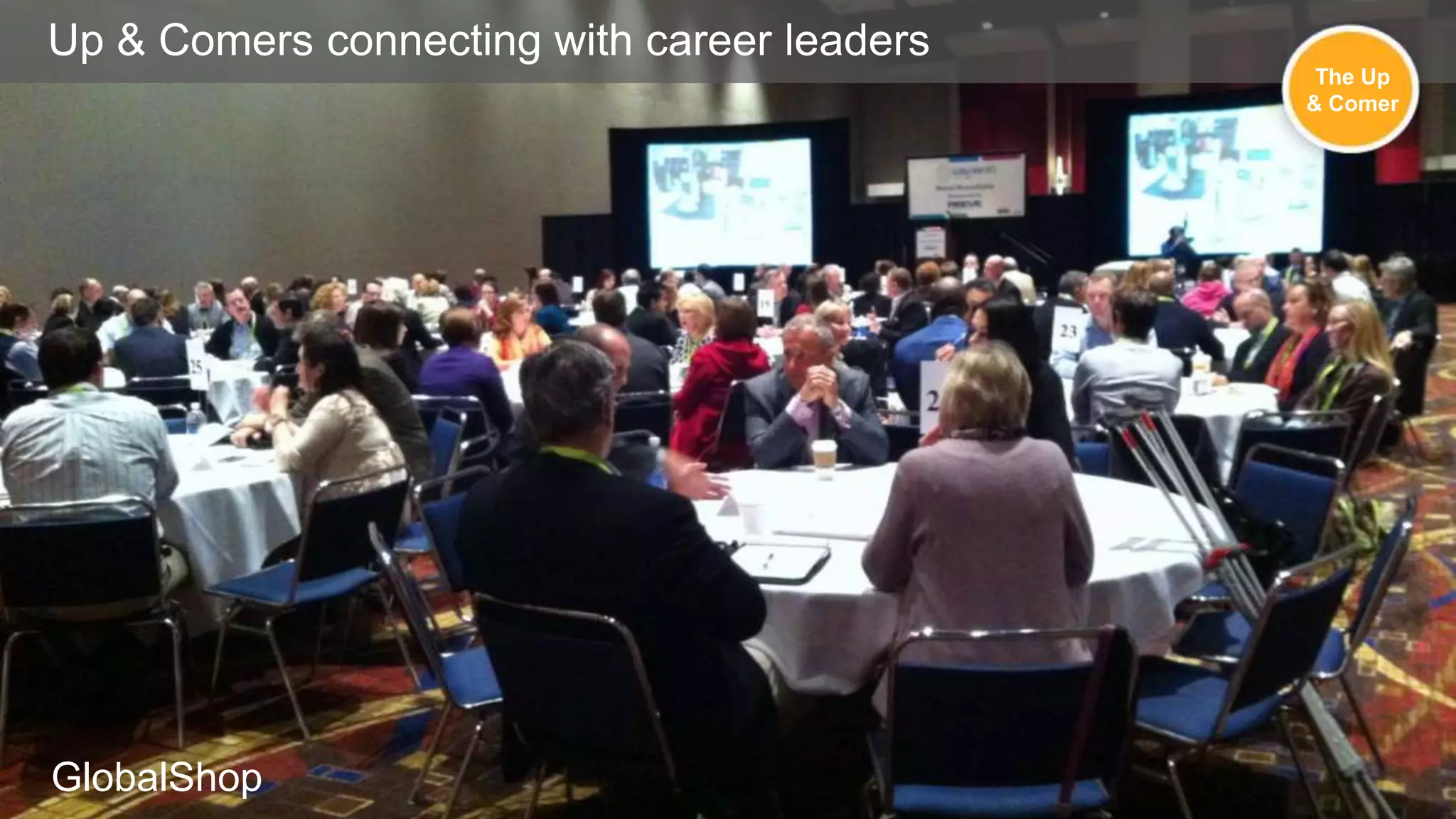 Up & Comers connecting with career leaders
The Up
& Comer

SHRM sr mgr lounge?
SHRM Hive?
GlobalShop Attendee Networking
Example 1: Networking-Heavy Environments

GlobalShop

 