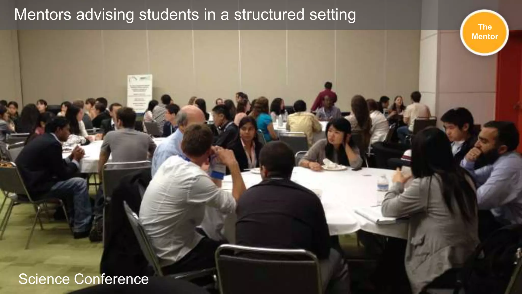 Mentors advising students in a structured setting
The
Mentor

ASM Student Lounge?
IFT SPA for teachers/students
Example 3: Protégés and Mentors Connecting

Science Conference

 