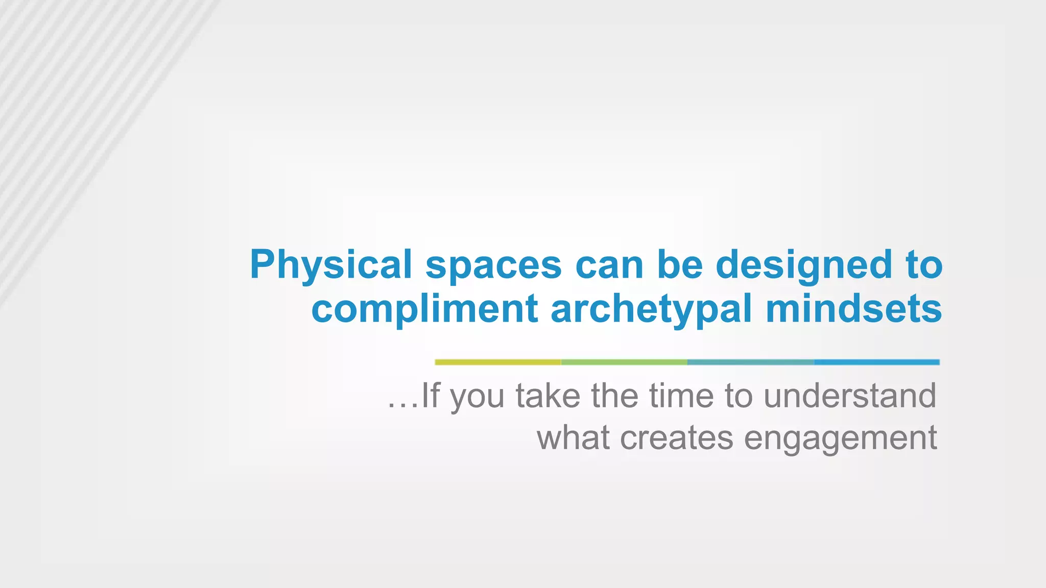 Physical spaces can be designed to
compliment archetypal mindsets
…If you take the time to understand
what creates engagement

 