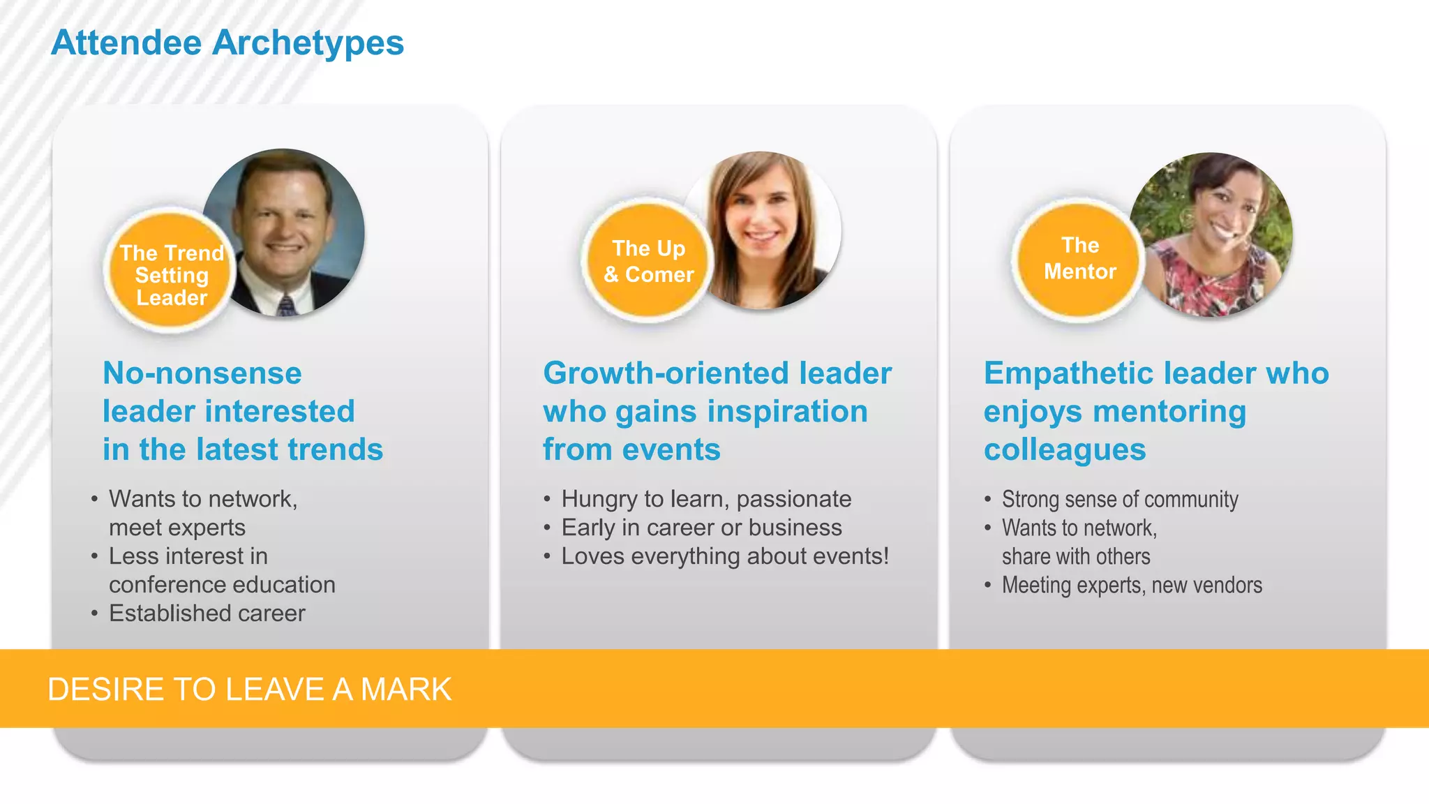 Attendee Archetypes

The Trend
Setting
Leader

No-nonsense
leader interested
in the latest trends
• Wants to network,
meet experts
• Less interest in
conference education
• Established career

DESIRE TO LEAVE A MARK

The Up
& Comer

The
Mentor

Growth-oriented leader
who gains inspiration
from events

Empathetic leader who
enjoys mentoring
colleagues

• Hungry to learn, passionate
• Early in career or business
• Loves everything about events!

• Strong sense of community
• Wants to network,
share with others
• Meeting experts, new vendors

 
