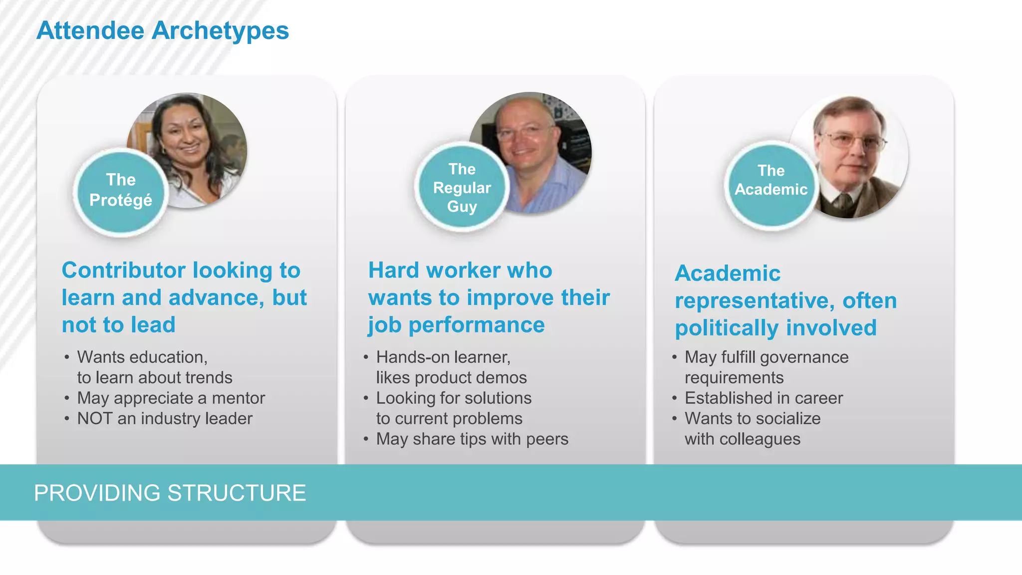 Attendee Archetypes

The
Protégé

The
Regular
Guy

The
Academic

Contributor looking to
learn and advance, but
not to lead

Hard worker who
wants to improve their
job performance

Academic
representative, often
politically involved

• Wants education,
to learn about trends
• May appreciate a mentor
• NOT an industry leader

• Hands-on learner,
likes product demos
• Looking for solutions
to current problems
• May share tips with peers

• May fulfill governance
requirements
• Established in career
• Wants to socialize
with colleagues

PROVIDING STRUCTURE

 