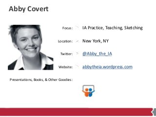 Focus:
Location:
Twitter:
Website:
Presentations, Books, & Other Goodies:
Abby Covert
IA Practice, Teaching, Sketching
New...
