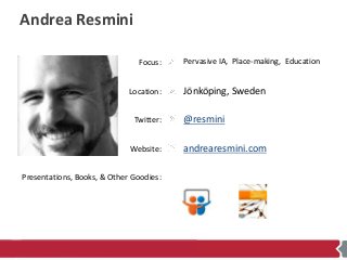 Focus:
Location:
Twitter:
Website:
Presentations, Books, & Other Goodies:
Andrea Resmini
Pervasive IA, Place-making, Educa...