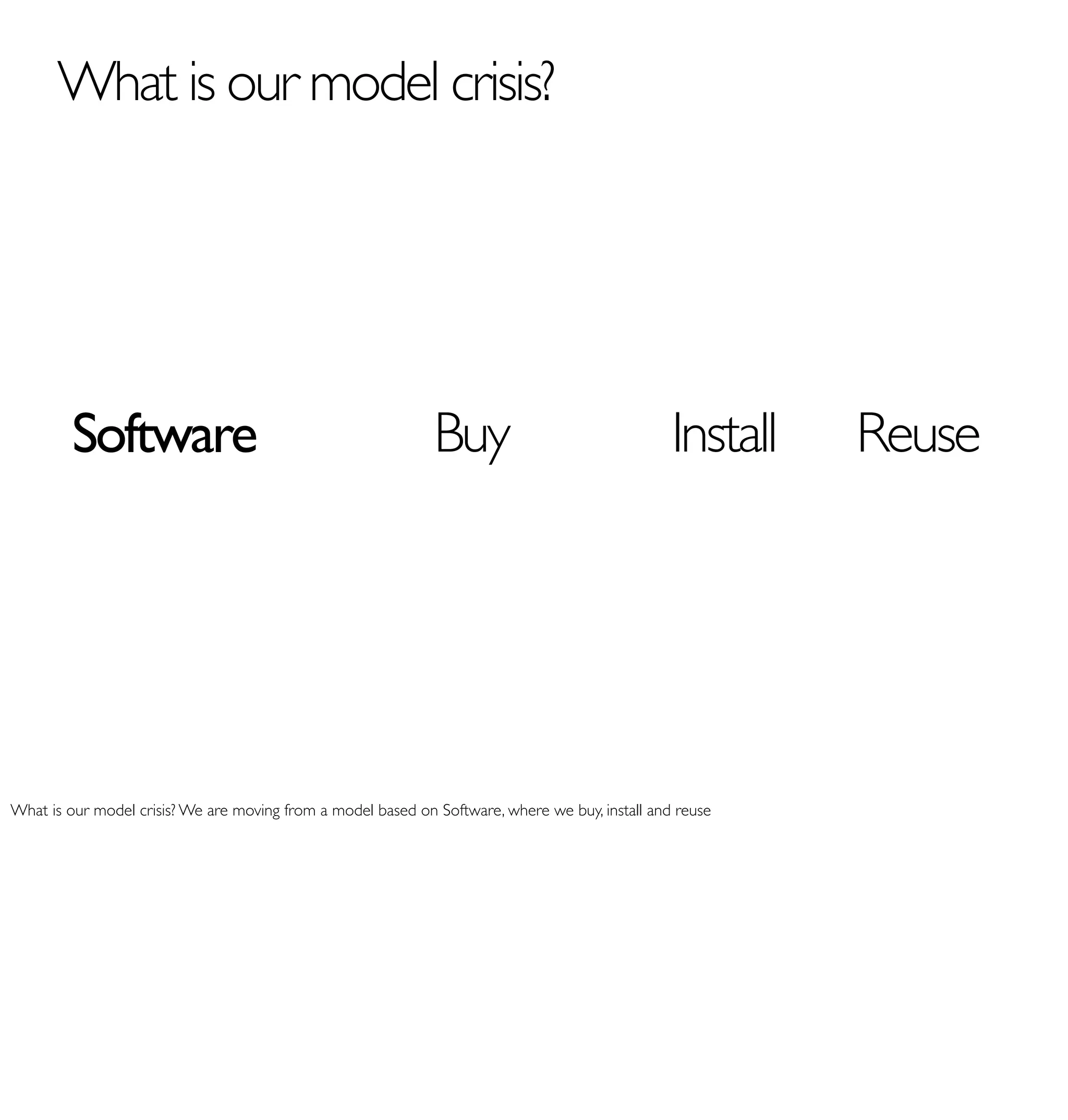 What is our model crisis?




         Software                                             Buy                                Install   Reuse




What is our model crisis? We are moving from a model based on Software, where we buy, install and reuse
 