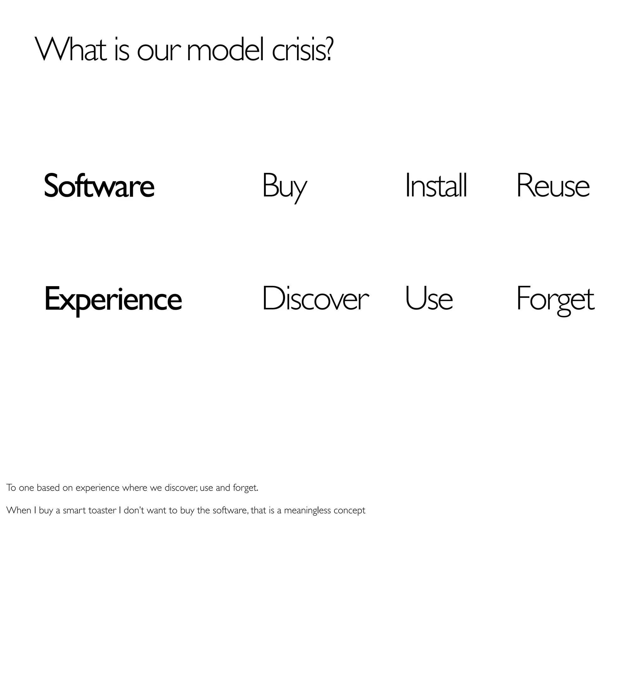 What is our model crisis?


         Software                                               Buy                          Install   Reuse


         Experience                                             Discover                     Use       Forget




To one based on experience where we discover, use and forget.

When I buy a smart toaster I don’t want to buy the software, that is a meaningless concept
 