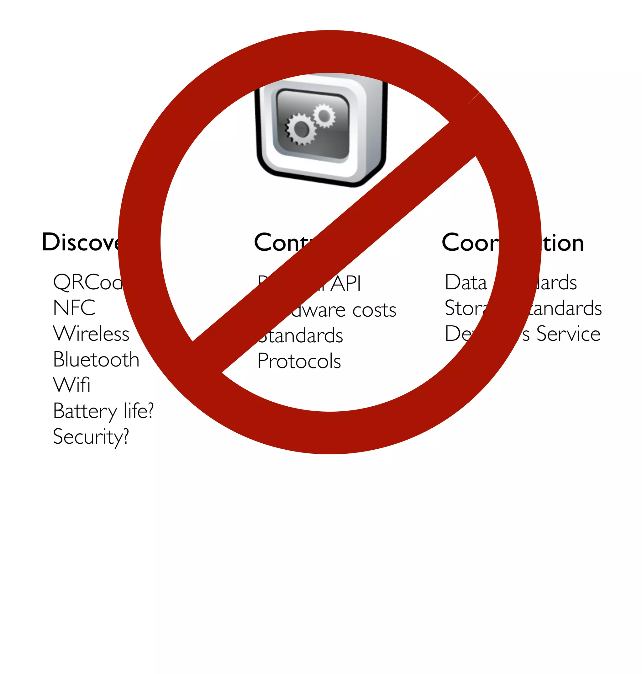 Discovery       Control          Coordination
QRCode          RESTful API      Data standards
NFC             Hardware costs   Storage standards
Wireless        Standards        Device vs Service
Bluetooth       Protocols
Wiﬁ
Battery life?
Security?
 