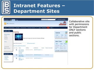 Intranet Features –
Department Sites
Collaborative site
with permissions
for Department
ONLY sections
and public
sections.

 
