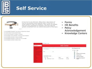 Self Service
• Forms
• HR Benefits
• Policy
Acknowledgement
• Knowledge Centers

 