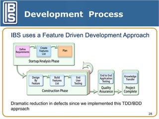 Development Process
IBS uses a Feature Driven Development Approach

Dramatic reduction in defects since we implemented this TDD/BDD
approach
28

 