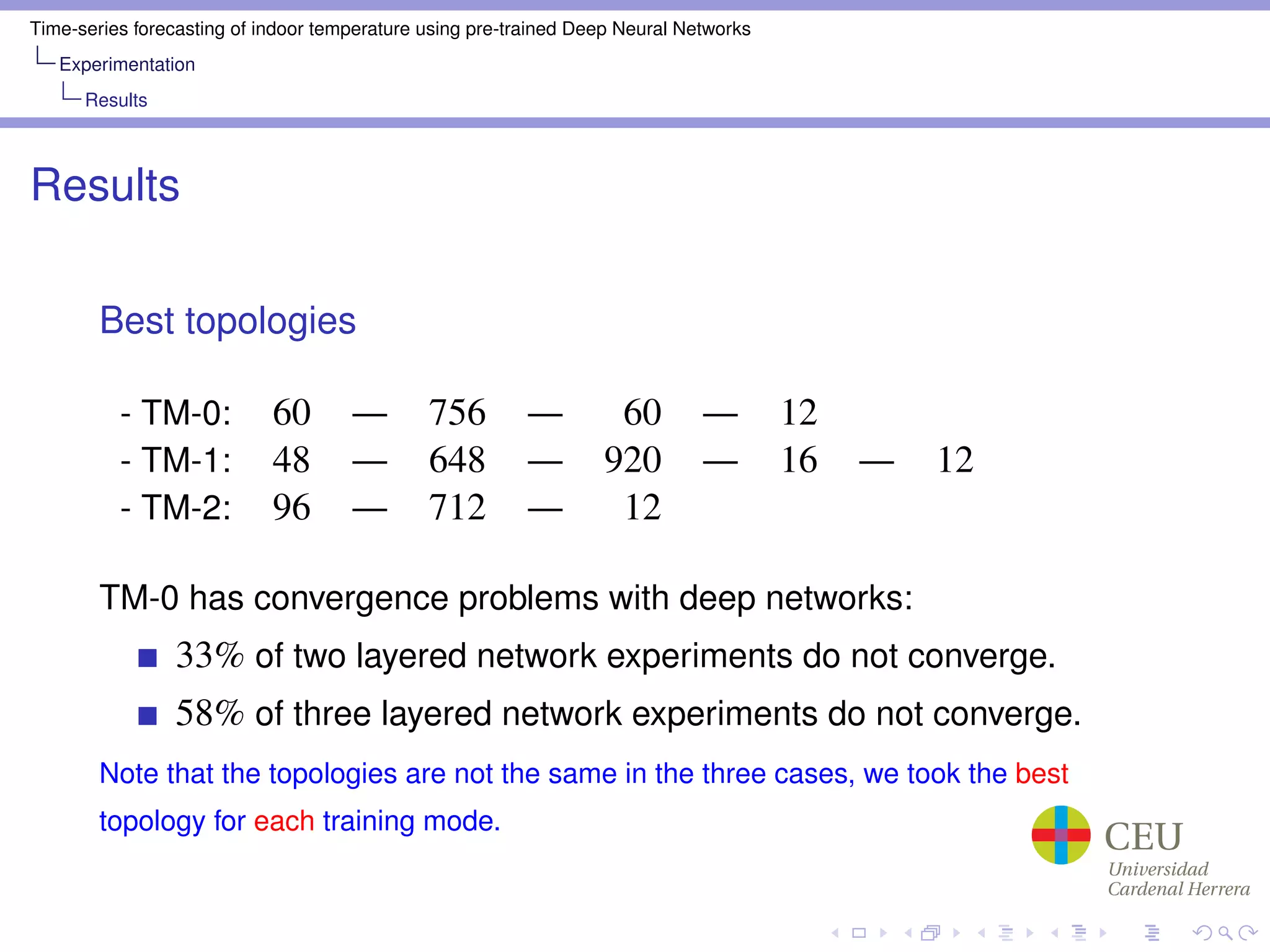 Time-series forecasting of indoor temperature using pre-trained Deep Neural Networks
Experimentation
Results
Results
Best topologies
- TM-0: 60 — 756 — 60 — 12
- TM-1: 48 — 648 — 920 — 16 — 12
- TM-2: 96 — 712 — 12
TM-0 has convergence problems with deep networks:
33% of two layered network experiments do not converge.
58% of three layered network experiments do not converge.
Note that the topologies are not the same in the three cases, we took the best
topology for each training mode.
 