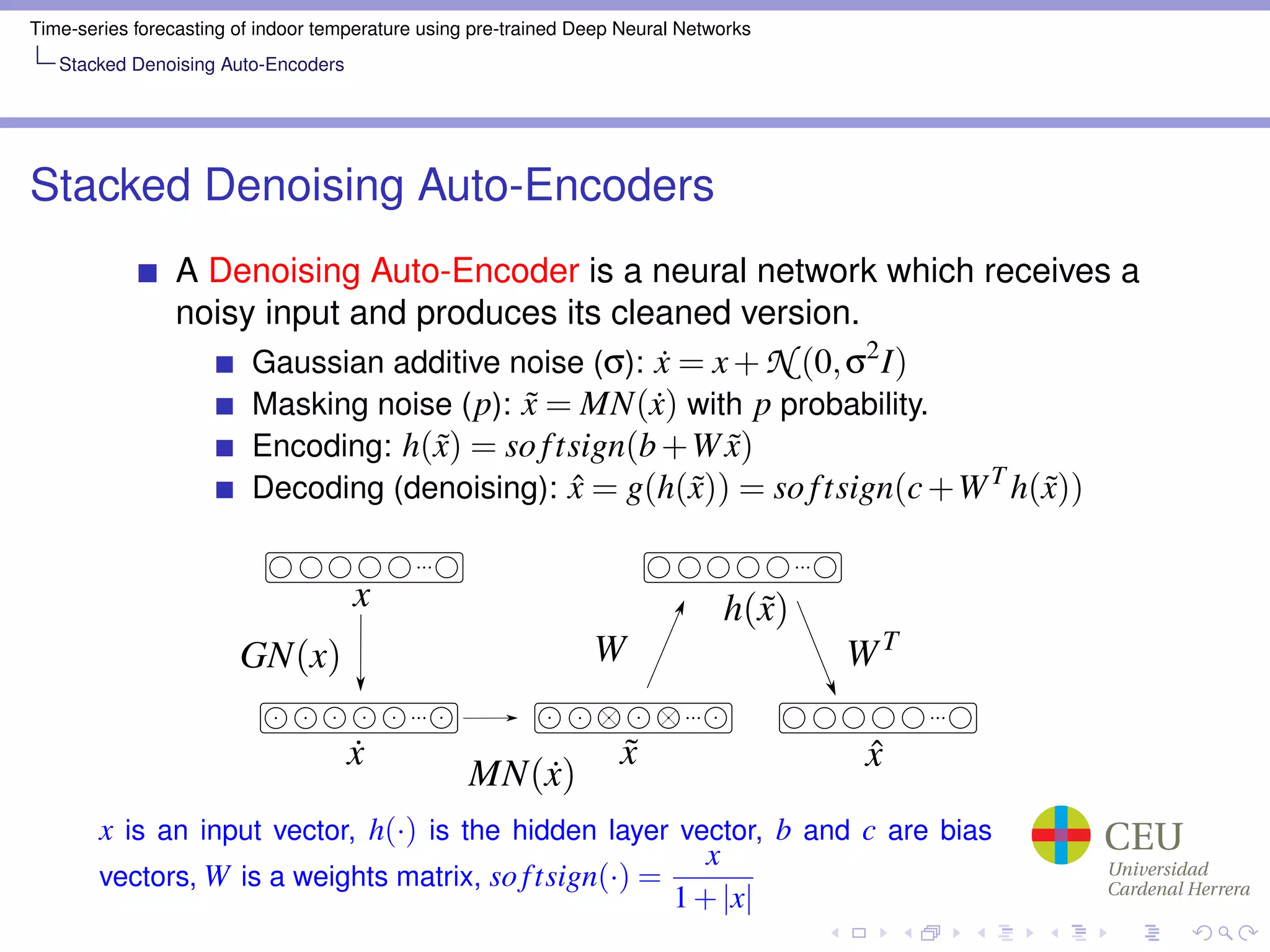 Time-series forecasting of indoor temperature using pre-trained Deep Neural Networks
Stacked Denoising Auto-Encoders
Stacked Denoising Auto-Encoders
A Denoising Auto-Encoder is a neural network which receives a
noisy input and produces its cleaned version.
Gaussian additive noise (σ): ˙x = x+N (0,σ2
I)
Masking noise (p): ˜x = MN(˙x) with p probability.
Encoding: h(˜x) = so ftsign(b+W ˜x)
Decoding (denoising): ˆx = g(h(˜x)) = so ftsign(c+WT
h(˜x))
˙x
h(˜x)
˜x ˆx
W WT
x
GN(x)
MN(˙x)
x is an input vector, h(·) is the hidden layer vector, b and c are bias
vectors, W is a weights matrix, softsign(·) =
x
1+|x|
 