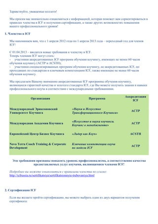 Здравствуйте, уважаемые коллеги!

   Мы просим вас внимательно ознакомиться с информацией, которая поможет вам сориентироваться в
   правилах членства в ICF и получения сертификации, а также других возможностях повышения
   вашего профессионального уровня!

1. Членство в ICF

   Мы напоминаем вам, что с 1 апреля 2012 года по 1 апреля 2013 года – переходный год для членов
   ICF!

   С 01.04.2013 – вводятся новые требования к членству в ICF.
   Теперь членами ICF могут стать:
   - участники аккредитованных ICF программ обучения коучингу, имеющих не менее 60 часов
   обучения коучингу (ACTP и ACSTH);
   - участники специализированных программ обучения коучингу, не аккредитованных ICF, но
   проходящих по стандартам и ключевым компетенциям ICF, также имеющие не менее 60 часов
   обучения коучингу.

   Мы предлагаем Вашему вниманию аккредитованные ICF программы обучения коучингу,
   являющиеся гарантией качества и золотого стандарта ICF, где Вы можете получить знания и навыки
   профессионального коуча в соответствии с международными требованиями.

                                                                                   Аккредитация
                    Организация                            Программа
                                                                                       ICF

   Международный Эриксоновский                 «Наука и Искусство
                                                                                       ACTP
   Университет Коучинга                        Трансформационного Коучинга»

                                               «Искусство и наука коучинга.
   Международная Академия Коучинга                                                     ACTP
                                               Коучинг в менеджменте»

   Европейский Центр Бизнес Коучинга           «Лидер как Коуч»                       ACSTH


   Nova Terra Coach Training & Corporate       Ключевые компетенции коуча
                                                                                       ACTP
   Development                                 по модели ICF



    Эти требования призваны повысить уровень профессионализма, а соответственно качества
                 предоставляемых услуг коучами, являющимися членами ICF!

   Подробнее вы можете ознакомиться с правилами членства по ссылке:
   http://icfrussia.ru/sertifikatsiya/sertifikatsionnyie-trebovaniya.html



2. Сертификация ICF

   Если вы желаете пройти сертификацию, вы можете выбрать один из двух вариантов получения
   сертификата:
 