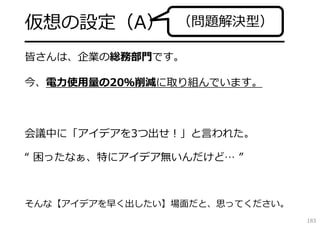 仮想の設定（A）

（問題解決型）

━━━━━━━━━━━━━━━━━━━
皆さんは、企業の総務部⾨です。

今、電⼒使⽤量の20％削減に取り組んでいます。

会議中に「アイデアを3つ出せ！」と⾔われた。
“ 困ったなぁ、特にアイデア無いんだけど… ”

そんな【アイデアを早く出したい】場⾯だと、思ってください。
183

 