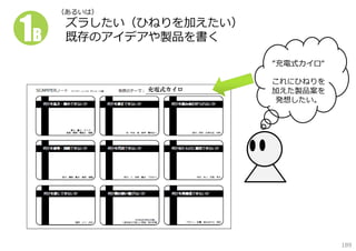 1B

（あるいは）

ズラしたい（ひねりを加えたい）
既存のアイデアや製品を書く
“充電式カイロ“
充電式カイロ

これにひねりを
加えた製品案を
発想したい。

189

 