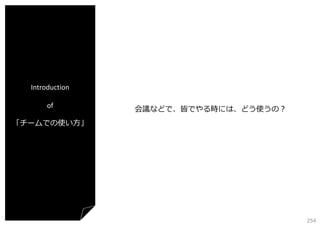 Introduction
of

会議などで、皆でやる時には、どう使うの？

「チームでの使い⽅」

254

 