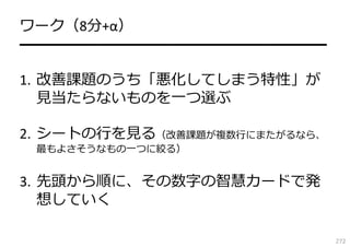 ワーク（8分+α）
━━━━━━━━━━━━━━━━━━━━
1. 改善課題のうち「悪化してしまう特性」が
⾒当たらないものを⼀つ選ぶ
2. シートの⾏を⾒る（改善課題が複数⾏にまたがるなら、
最もよさそうなもの⼀つに絞る）

3. 先頭から順に、その数字の智慧カードで発
想していく
272

 