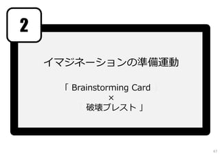 2
イマジネーションの準備運動
「 Brainstorming Card 」
×
「 破壊ブレスト 」

47

 