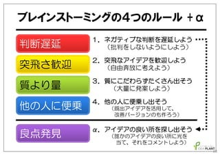 ブレインストーミングの４つのルール +α
判断遅延

１．ネガティブな判断を遅延しよう
（批判をしないようにしよう）

突飛さ歓迎

２．突飛なアイデアを歓迎しよう
（自由奔放に考えよう）

質より量

３．質にこだわらずたくさん出そう
（大量に発案しよう）

他の人に便乗

４．他の人に便乗し出そう

良点発見

α．アイデアの良い所を探し出そう

（既出アイデアを活用して、
改善バージョンのも作ろう）

（誰かのアイデアの良い所に光を
当て、それをコメントしよう）
88

 