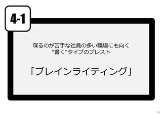 4-1
喋るのが苦⼿な社員の多い職場にも向く
“書く”タイプのブレスト

「ブレインライティング」

96

 