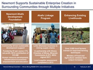 Newmont Supports Sustainable Enterprise Creation in
Surrounding Communities through Multiple Initiatives

     Newmont Ahafo
                                                    Ahafo Linkage             Enhancing Existing
      Development
                                                      Program                    Livelihoods
       Foundation




Community driven sustainable                  Links Ghanaian business to
   development support                           mining supply chains          Over 5,000 local farmers
 Funded by $1 per ounce +1%                    In partnership with Ghana     trained on improved farming
net profit; 2012 contribution of              Chamber of Mines, Minerals              techniques
             $12.8M                             Commission & IFC; MOU           Ministry of Food and
Human resource development,                           signed 2011             Agriculture validates farm
  infrastructure & economic                    Local supplier assessment          output increases
 empowerment and education                        completed in 2012

 Newmont Mining Corporation | African Mining INDABA 2013 | www.newmont.com              14      February 6, 2013
 