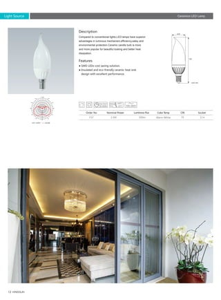 12
E142.5W 200lm 75F37
Description
Features
Compared to conventional lights,LED lamps have superior
advantages in luminous mechanism,efficiency,satey and
environmental protection.Ceramic candle bulb is more
and more popular for beautiful looking and better heat
dissipation.
● SMD LEDs cost saving solution.
● Insulated and eco-friendly ceramic heat sink
design with excellent performance.
Order No Nominal Power Luminous Flux Color Temp CRI Socket
Warm White
Unit: mm
Ceramics LED Lamp
Unit :cd/klm
125
37
Light Source
0
30
60
90
120
150
-/+180
-150
-120
-90
-60
-30
0
9
18
27
36
45
30,000h
 