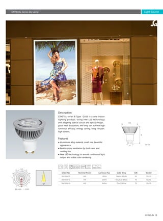 15
Description
Features
CRYSTAL series B Type GU10 is a new indoor
lighting product. Using new LED technology
and adopting special circuit and optics design，
good heat dissipation, the lamp can achieve high
luminous efficacy, energy saving, long lifespan,
high lumens.
● Aluminium alloy material, small size, beautiful 　
　appearance.
● Realize cross ventilation by both vent and 　　
　cooling fins.
● New LED technology to ensure continuous light
　output and stable color rendering.
Order No Nominal Power Luminous Flux Color Temp CRI Socket
Warm White
Neutral White
Cool White
SM160410
SM160410
SM160410
180lm
240lm
240lm
80
70
70
GU10
GU10
GU10
4W
4W
4W18
54
50
10
Unit: mm
CRYSTAL Series GU Lamp Light Source
25,000h
 