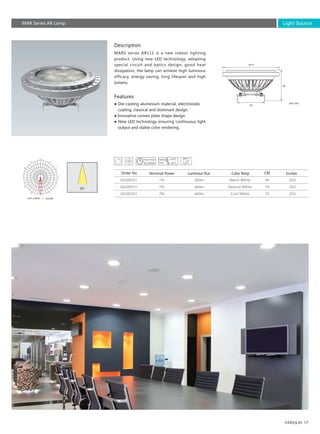 17
7W
7W
7W
360lm
460lm
460lm
80
75
75
SQ350701
SQ350701
SQ350701
G53
G53
G53
111
59
53
Description
Features
MARS series AR111 is a new indoor lighting
product. Using new LED technology, adopting
special circuit and optics design, good heat
dissipation, the lamp can achieve high luminous
efficacy, energy saving, long lifespan and high
lumens.
● Die-casting aluminium material, electrostatic 　
　coating, classical and dominant design.
● Innovative convex plate shape design.
● New LED technology ensuring continuous light
　output and stable color rendering.
Order No Nominal Power Luminous Flux Color Temp CRI Socket
Warm White
Neutral White
Cool White
Unit :cd/klm
Unit: mm
MAR Series AR Lamp Light Source
30,000h
 