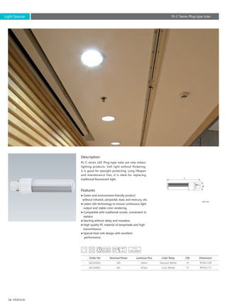 24
Description
Features
PL-C series LED Plug-type tube are new indoor
lighting products. Soft light without flickering,
it is good for eyesight protecting. Long lifespan
and maintenance free, it is ideal for replacing
traditional fluorescent light.
● Green and environment-friendly product
without infrared, ultraviolet, lead, and mercury, etc.
● Latest LED technology to ensure continuous light
output and stable color rendering.
● Compatible with traditional socket, convenient to
replace.
● Starting without delay and noiseless.
● High quality PC material of lampshade and high
transmittance.
● Special heat sink design with excellent
performance.
Order No Nominal Power Luminous Flux Color Temp CRI
Neutral White
Cool White
SE110501
SE130901
350lm
675lm
70
70
5W
9W
Unit: mm
Light Source PL-C Series Plug-type tube
L
Φ36xL148
Φ40xL175
Dimension
30,000h
 