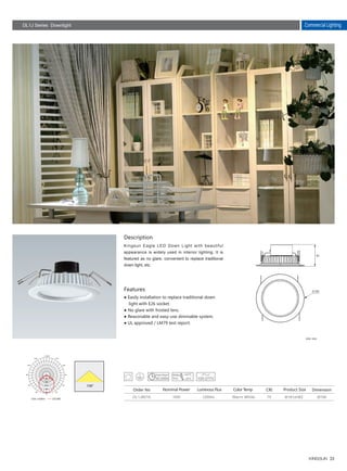 35
1200lm 7516WDL1JB016
Description
Features
Kingsun Eagle LED Down Light with beautiful
appearance is widely used in interior lighting. It is
featured as no glare, convenient to replace traditional
down light, etc.
● Easily installation to replace traditional down
light with E26 socket.
● No glare with frosted lens.
● Reasonable and easy-use dimmable system.
● UL approved / LM79 test report.
Product SizeOrder No Nominal Power Luminous Flux Color Temp CRI
Warm White
Unit: mm
Ø156Φ181xH82
Commercial LightingDL1J Series Downlight
181
82
Dimension
106°
0
0
30
60
90
120
150
-/+180
-150
-120
-90
-60
-30
90
180
270
360
450
Unit :cd/klm C0/180
100-277V30,000h
 