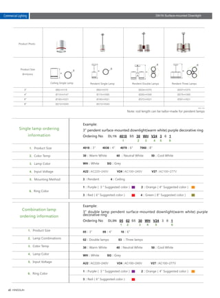 40
4018：3" 4036：4" 4078：6" 7060：8"
A22 : AC220~240V V24 : AC100~240V V27 : AC100~277V
Ø207×H370
Ø278×H395
Ø391×H521
Ø82×H370
Ø110×H395
Ø160×H521
Ø210×H545
Ø82×H118
Ø110×H147
Ø160×H221
Ø210×H245
Ø204×H370
Ø260×H395
Ø372×H521
Product Photo
Product Size
Ø×H(mm)
3"
4"
6"
8"
Pendent Single Lamp Pendent Double Lamps Pendent Three LampsCeiling Single Lamp
Note: rod length can be tailor-made for pendent lamps
Single lamp ordering
information
1、Product Size
2、Color Temp
4、Input Voltage
5、Mounting Method
6、Ring Color
3、Lamp Color
1 2 3 4 5 6
Example:
3" pendent surface-mounted downlight(warm white) purple decorative ring
Ordering No DL1N 4018 S5 30 WH V24 3 0 1
30：Warm White 40 ：Neutral White 50：Cool White
WH：White SG：Grey
3：Pendent 4：Ceiling
3：Red（6" Suggested color） 4：Green（8" Suggested color）
1：Purple（３" Suggested color） 2：Orange（4" Suggested color）
Combination lamp
ordering information
1、Product Size
2、Lamp Combinations
4、Lamp Color
5、Input Voltage
6、Ring Color
3、Color Temp
1 2 3 4 5 6
Example:
3" double lamp pendent surface-mounted downlight(warm white) purple
decorative ring
Ordering No DL9N 05 02 S5 30 WH V24 3 0 1
05：3" 09：4" 16：6"
30：Warm White 40：Neutral White 50：Cool White
A22 : AC220~240V V24 : AC100~240V V27 : AC100~277V
02：Double lamps 03 ：Three lamps
WH：White SG：Grey
3：Red（6" Suggested color）
1：Purple（３" Suggested color） 2：Orange（4" Suggested color）
Unit: mm
Commercial Lighting DN1N Surface-mounted Downlight
 