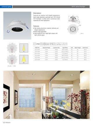 42
134
Description
Features
Featured as classical and elegant appearance,
beam angle adjustable, good light spot, GS1A Series
4"/5" Downlight is widely used in commercial, hotel,
residential and other applications.
● Die-casting aluminium material, delicate and 　
　elegant appearance.
● Beam angle adjustable.
● High quality PC lens, hight light output, soft 　　
　light, without glare.
Ø120
Ø120
Ø120
Ø120
Ø120
Ø120
GS1A1006
GS1A1006
GS1A1006
GS1A1006
GS1A1006
GS1A1006
Order No
8.5W
8.5W
8.5W
8.5W
8.5W
8.5W
Nominal Power
330lm
400lm
400lm
330lm
400lm
400lm
Luminous Flux
80
75
75
80
75
75
CRIColor Temp
Warm White
Neutral White
Cool White
Warm White
Neutral White
Cool White
Unit: mm
Unit :cd/klm C0/180
0
30
60
90
120
150
-/+180
-150
-120
-90
-60
-30
0
400
800
1200
1600
2000
15
35°
35°
35°
15°
15°
15°
Beam Angle
220-240
Commercial Lighting GS1A Series Downlight
Dimension
30,000h
 