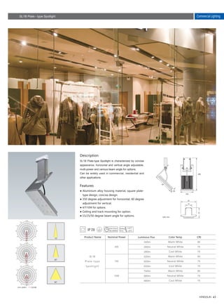 43
Commercial Lighting
255
100
161
20
Description
Features
SL1B Plate-type Spotlight is characterized by concise
appearance, horizontal and vertical angle adjustable,
multi-power and various beam angle for options,
Can be widely used in commercial, residential and
other applications.
● Aluminium alloy housing material, square plate-
　type design, concise design.
● 350 degree adjustment for horizontal, 60 degree
　adjustment for vertical.
● 4/7/10W for options.
● Ceiling and track mounting for option.
● 15/25/50 degree beam angle for options.
Unit :cd/klm C0/180
SL1B
Plate-type
Spotlight
Product Name
4W
7W
10W
Nominal Power Color Temp
240lm
290lm
290lm
520lm
620lm
620lm
740lm
880lm
880lm
Luminous Flux
80
75
75
80
75
75
80
75
75
CRI
Warm White
Neutral White
Cool White
Warm White
Neutral White
Cool White
Warm White
Neutral White
Cool White
Unit: mm
SL1B Plate - type Spotlight
30,000h
 