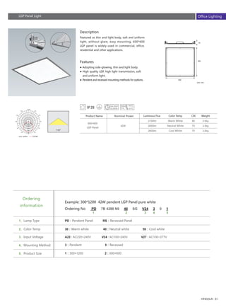 51
600
600
54
● Adopting side-glowing, thin and light body.
● High quality LGP, high light transmission, soft 　
　and uniform light.
● Pendent and recessed mounting methods for options.
Description
Features
Featured as thin and light body, soft and uniform
light, without glare, easy mounting, 600*600
LGP panel is widely used in commercial, office,
residential and other applications.
Unit :cd/klm C0/180
600×600
LGP Panel
42W
Nominal Power Color Temp
2150lm
2600lm
2600lm
Luminous Flux
80
70
70
CRI
3.0kg
3.0kg
3.0kg
WeightProduct Name
Warm White
Neutral White
Cool White
Ordering
information
1 2 3 4 5
Example: 300*1200 42W pendent LGP Panel pure white
Ordering No PD 7B 4288 N0 40 SG V24 3 0 1
30：Warm white 40：Neutral white 50：Cool white2、Color Temp
1、Lamp Type
3、Input Voltage
4、Mounting Method
5、Product Size
A22 : AC220~240V V24 : AC100~240V V27 : AC100~277V
3：Pendent 5：Recessed
1：300×1200 2：600×600	
PD：Pendent Panel RS：Recessed Panel
Unit: mm
LGP Panel Light Office Lighting
 