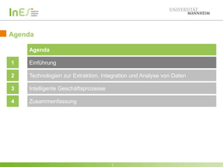 Agenda
Agenda
1

Einführung

2

Technologien zur Extraktion, Integration und Analyse von Daten

3

Intelligente Geschäftsprozesse

4

Zusammenfassung

2

 