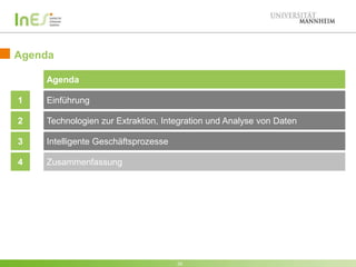 Agenda
Agenda
1

Einführung

2

Technologien zur Extraktion, Integration und Analyse von Daten

3

Intelligente Geschäftsprozesse

4

Zusammenfassung

28

 