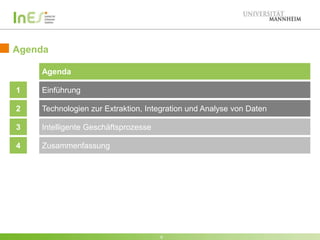 Agenda
Agenda
1

Einführung

2

Technologien zur Extraktion, Integration und Analyse von Daten

3

Intelligente Geschäftsprozesse

4

Zusammenfassung

6

 