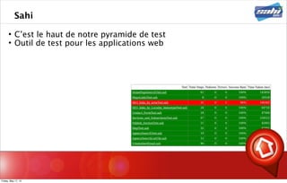 Sahi
 C’est le haut de notre pyramide de test
 Outil de test pour les applications web
Friday, May 17, 13
 